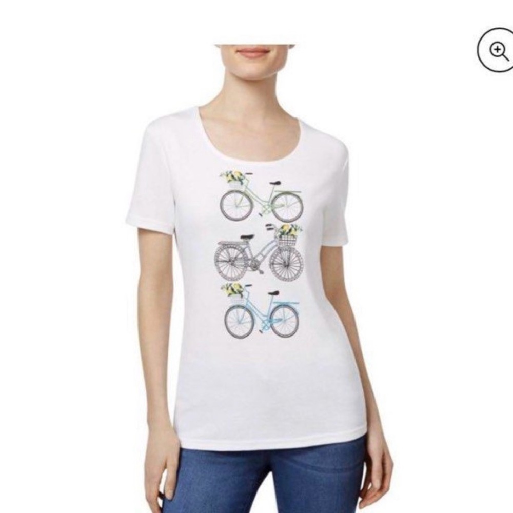 Karen Scott Women’s White Embellished Bike Graphic T-shirt Size XS